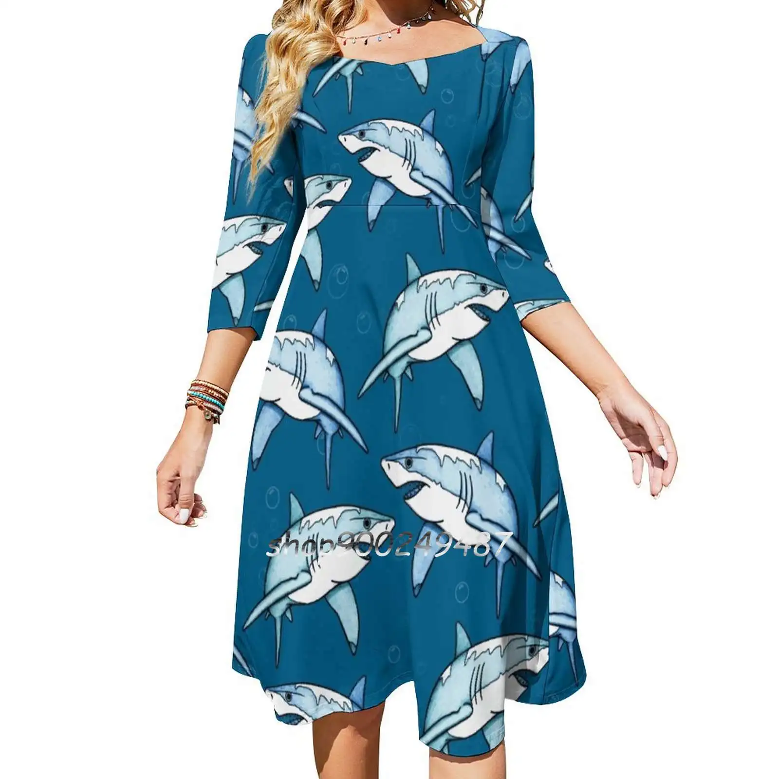 Shiver Of Sharks-Ii Long Sleeve Sexy Dresses For Women 2022 Ladies Vintage Elegant Party Dress Shark Sharks Marine Sea Ocean