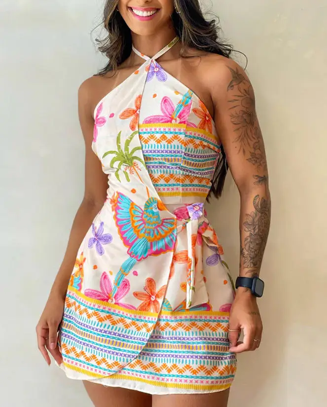 

Tropical Print Halter Tie Backless Tie Back Romper Casual Elastic Back Waist Wrap Front Tie Side Skorts Romper