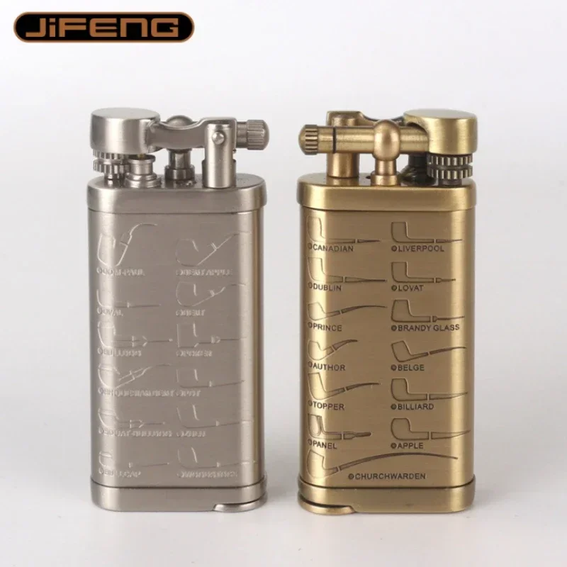 JIFENG Vintage Metal Grinding Wheel Brass Pipe Gas Lighter with Tobacco Pipe Tamper；Gentleman\'s Cigarette Cigar Butane Lighters