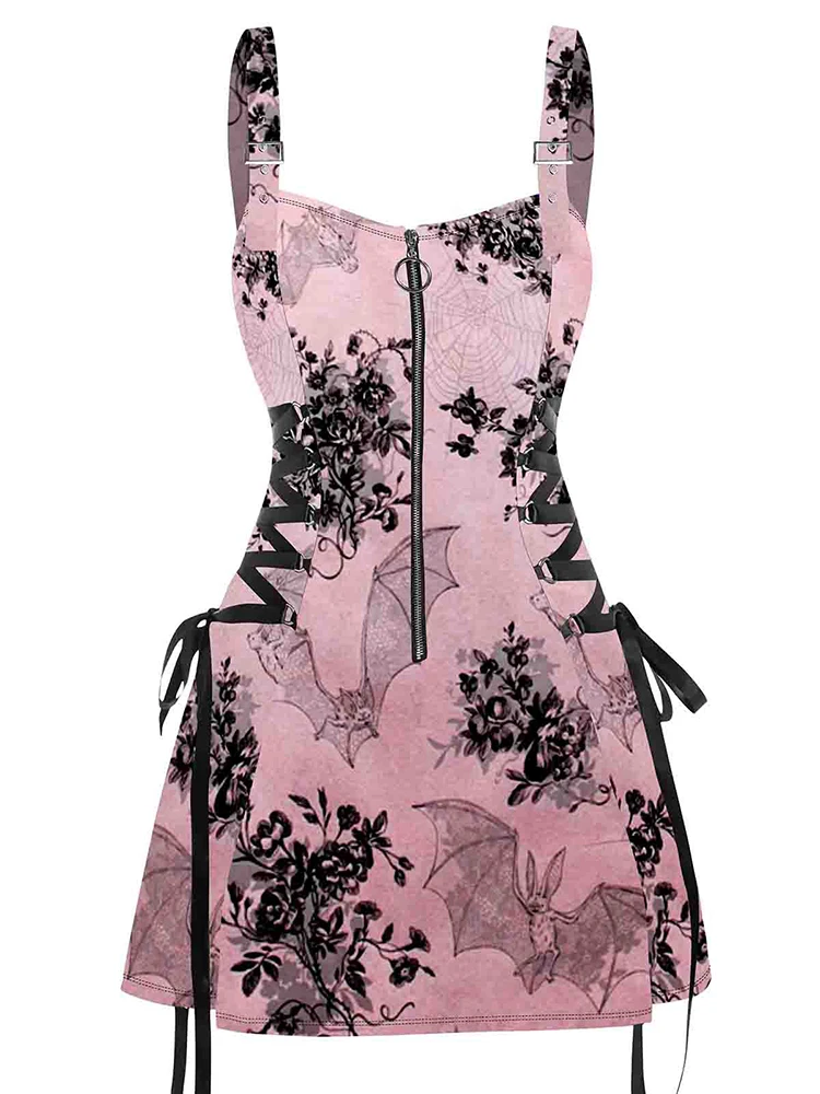 Abiti estivi per le donne 2024 Bat Floral Print Buckle Strap Dress Lace Up Half Zipper Slim Mini Dress senza maniche Sundress