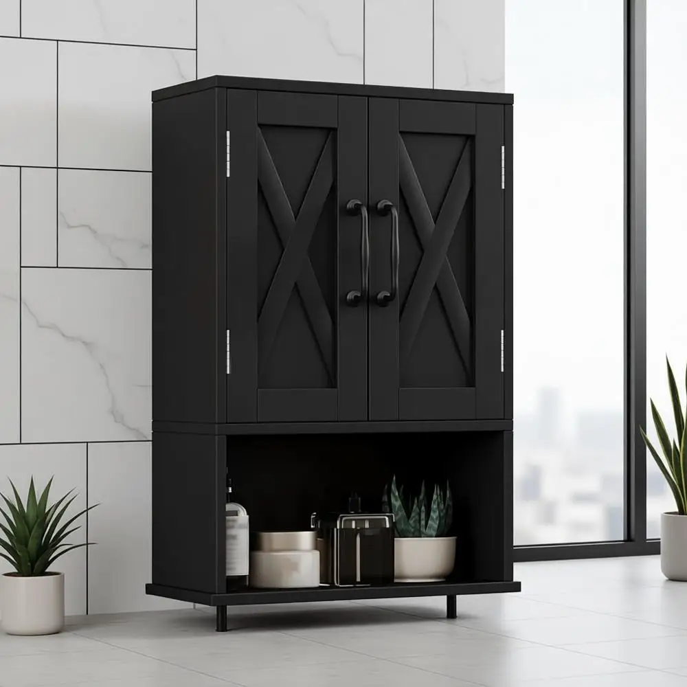 

Farmhouse Medicine Cabinet, Bathroom Wall Cabinet with Adjustable Shelf, Towel Bar, 3 Hooks, Over The Toilet Storage Cabinet for