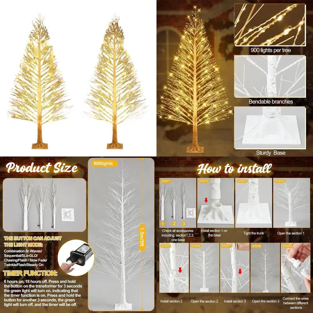 

5-футовая мерцающая светодиодная березовая елка с 900 теплыми белыми огнями для внутреннего и наружного праздничного декора