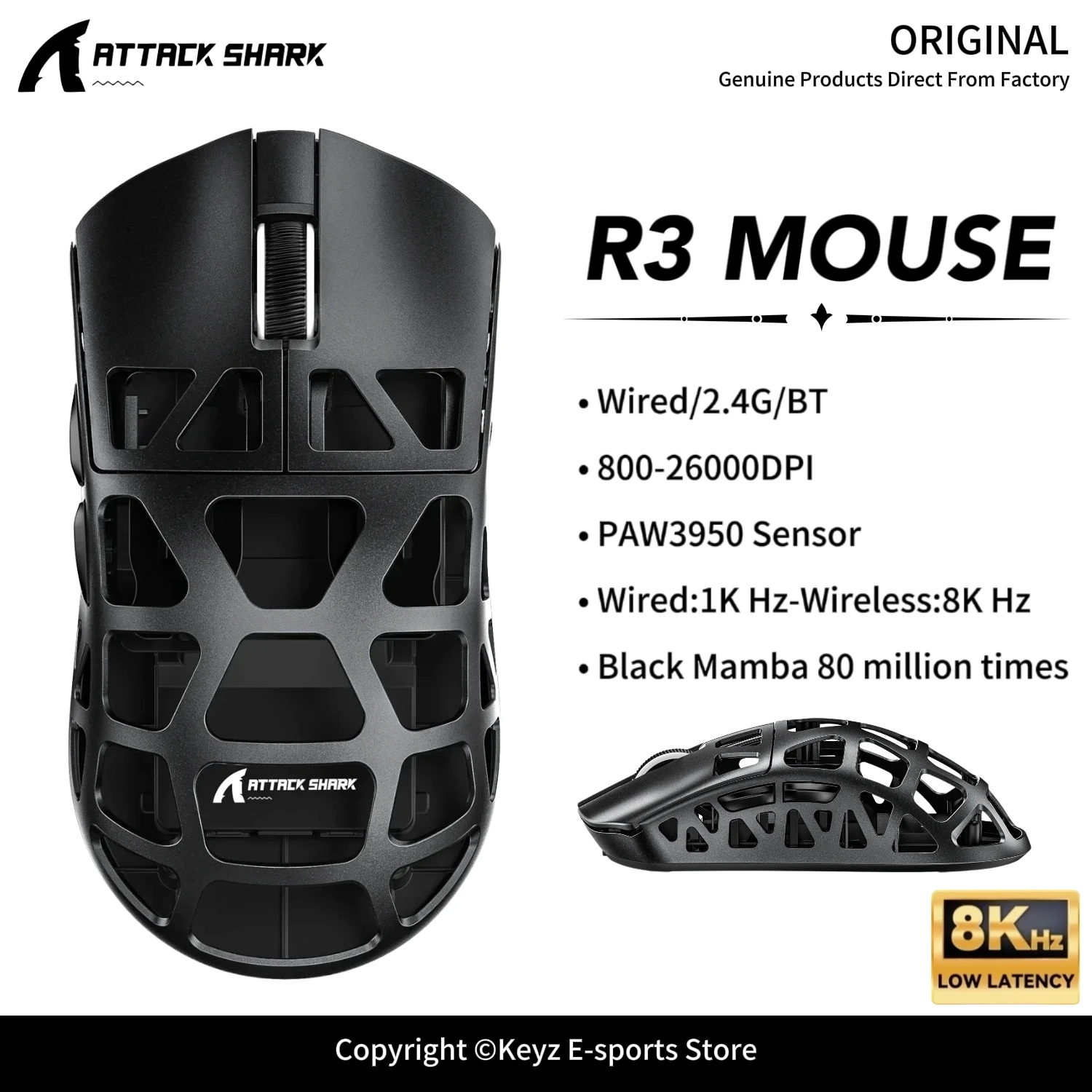 ATTACK SHARK R3 Magnesium Alloy Gaming Mouse Ultra-Light PAW3395 26000DPI Web Driver 8KHz Wireless Tri-Mode Mouse