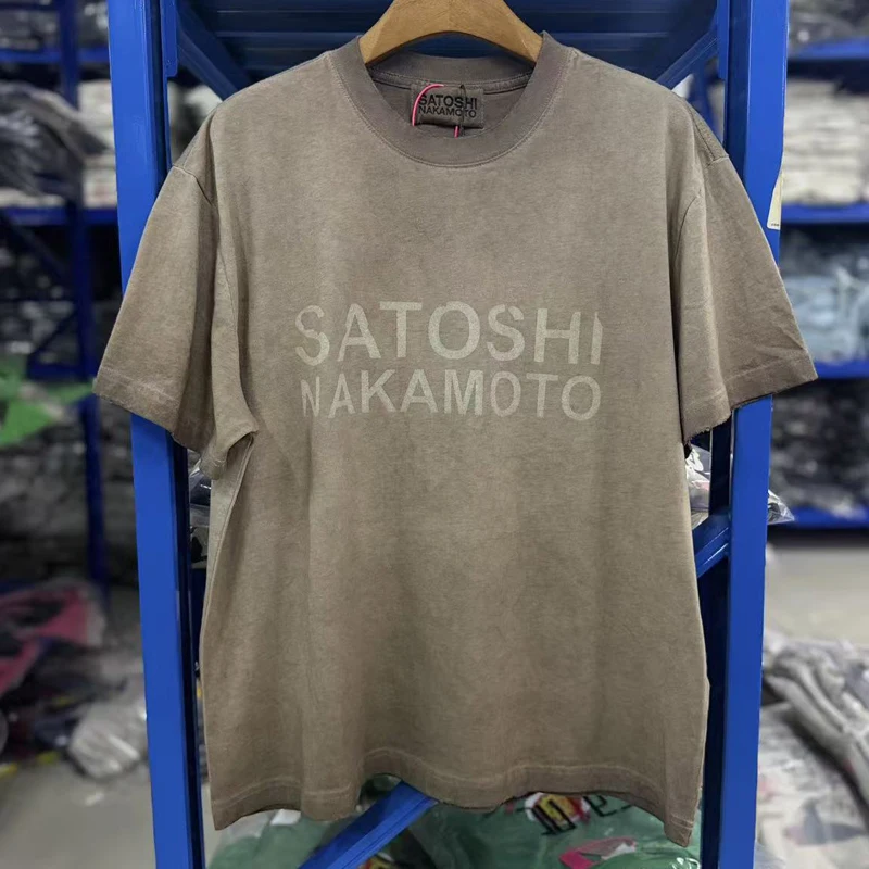 New High Quality Men's Women's Satoshi Nakamoto Short Sleeved Vintage Washed Distressed Printed T-shirt