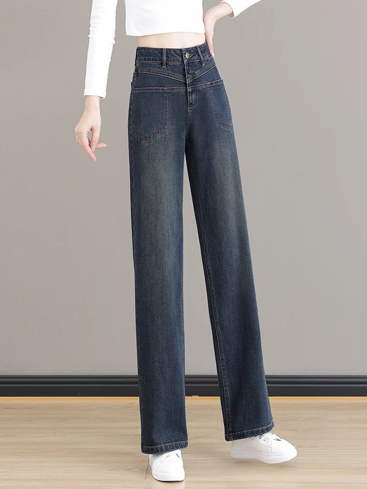 

Ретро джинсы с высокой талией и прямым кроем для женщин, весна-осень, свободные, больших размеров, утягивающие, широкие брюки из хлопкового стрейч-денима