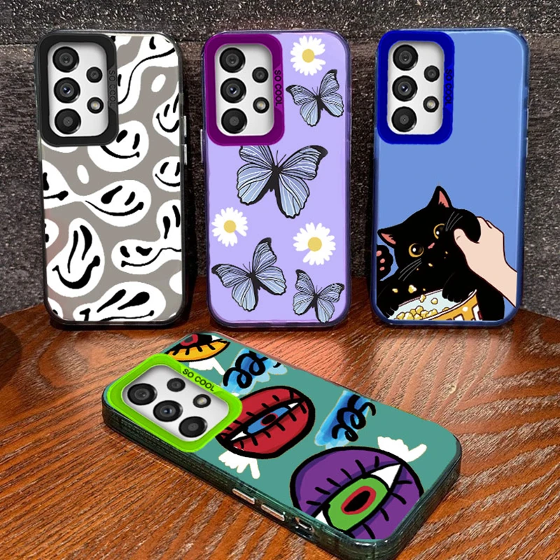 Smile Face Butterfly Cute Cat Phone Case For Samsung Galaxy A53 A33 A32 A12 A52 M55 M35 S20 FE Printed Shockproof Silicone Cover