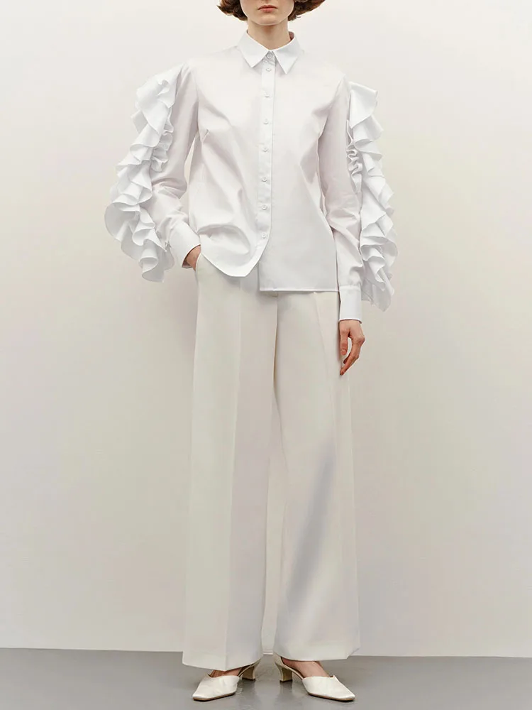 

BJTZ 2026 Spring Autumn Women Solid Color Ruffle Blouse Loose Long Sleeve Elegant Commute Tops Casual Office Lady Fashion Shirt