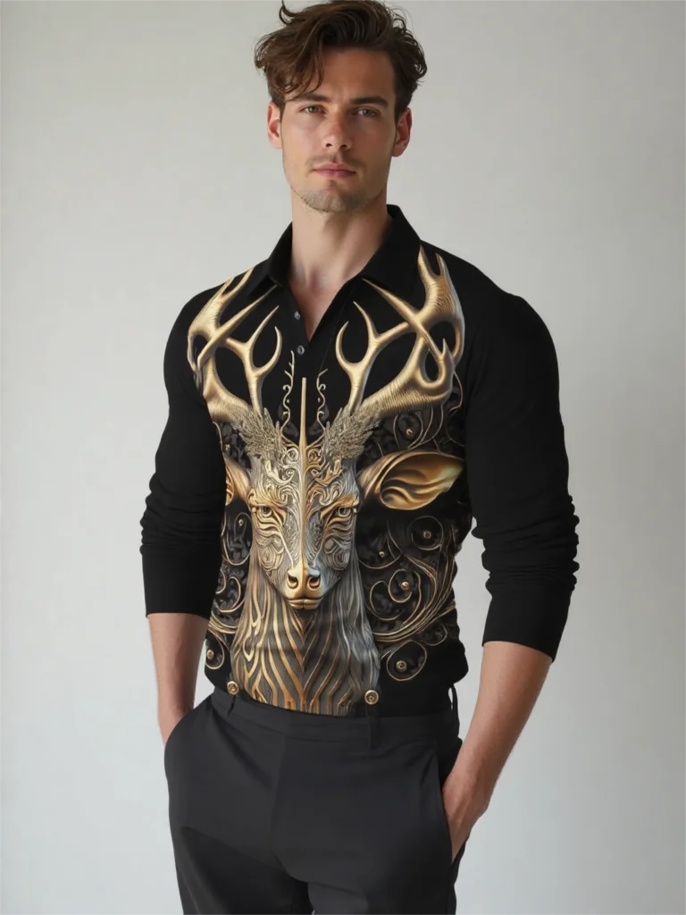 

Fashion 3D Golden Animal Graphic Button Long Sleeve Polo Shirts Autumn Casual Street Harajuku Hip Hop Style Classsic Man Clothes
