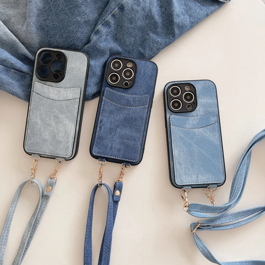 Jeans Cloth Card Pocket Phone Cases for iPhone 15 14 Plus 13 12 11 Pro Max Protection Back Shell Bumper Cover Rivet Clasp Strap