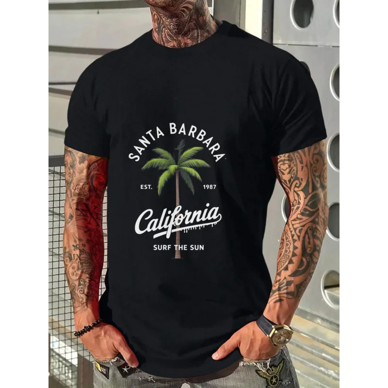 تي شيرت رجالي أبيض سانتا باربرا كاليفورنيا شجرة النخيل مطبوعة قطن عالي الجودة 180 جرام