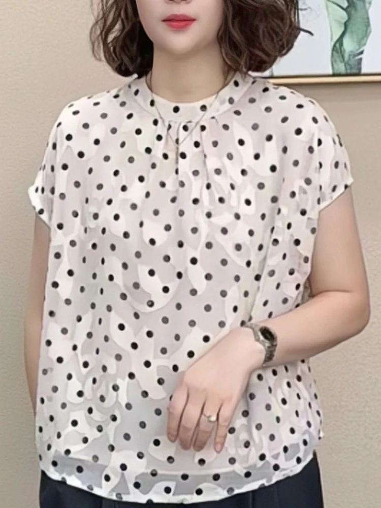 Polka Dot Stand Collar ort Sve irt Women's Faion Slimming Design Sensation Me Top Summer New Sle Ele Lady