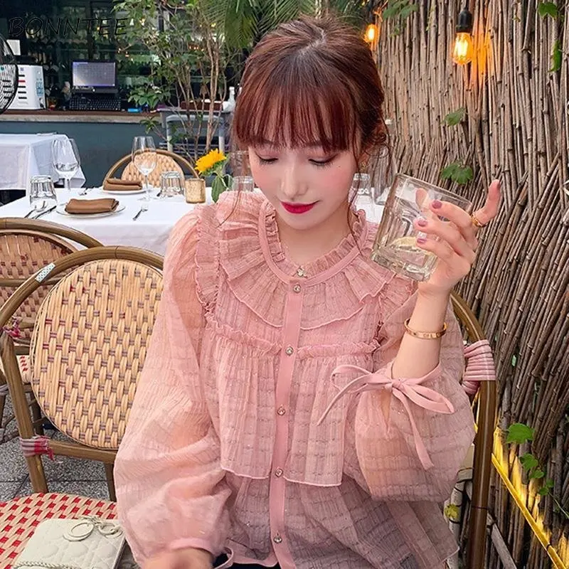 Shirts Women Spring Sweet Fashion Ruffles All-match Design Lace-up Tender Elegant Trendy Leisure Korean Style Ladies Puff Sleeve