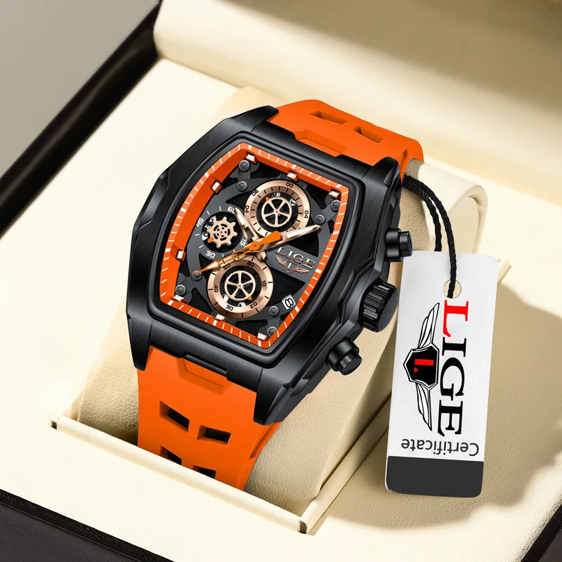 

LIGE Orange Quartz Watch Men Fashion Military Sport Chronograph Wristwatch with Luminous Hands Auto Date Silicone Strap+BOX