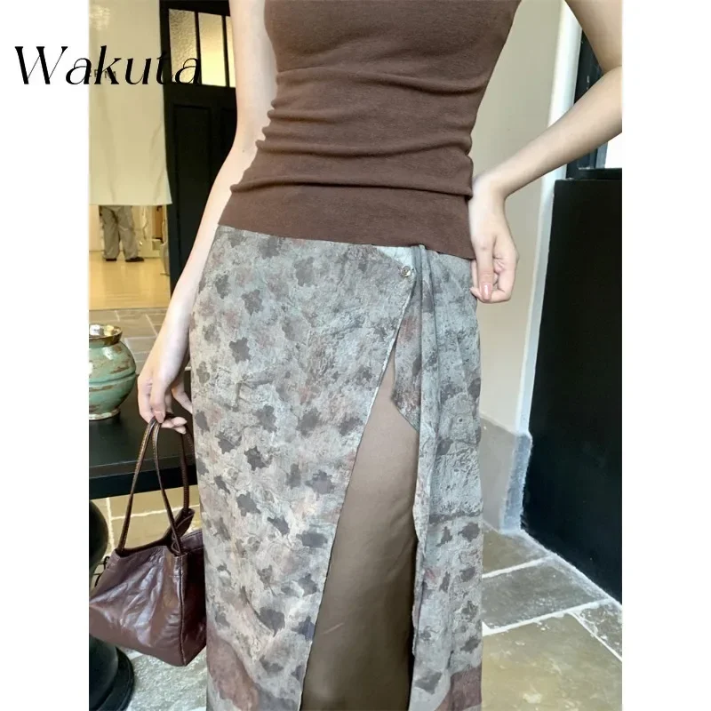 WAKUTA Fall/Winter Fashion Temperament Thin Printing High Waist Bustier Korean Retro Versatile Large Swing Ancient Style Skirts