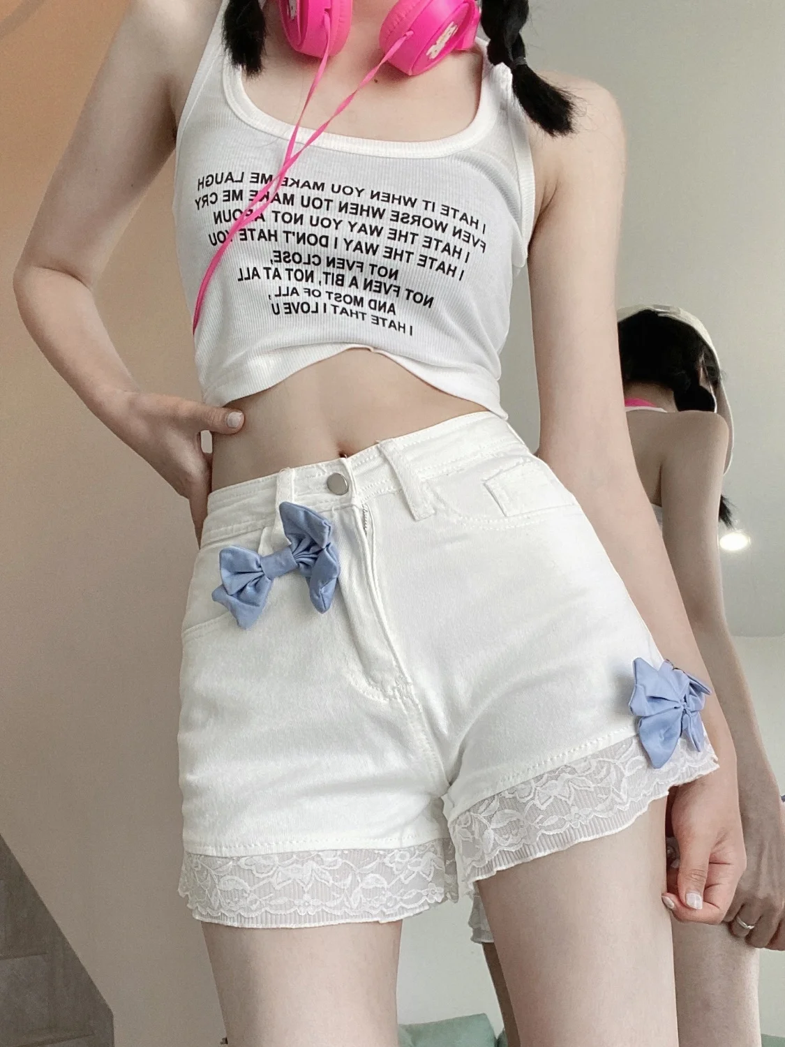 

Summer Lace Splicing Short Jean Pants Woman Korean Style Youthful Outfits Cute Bow Wide Legs High Waist Denim Shorts for Women