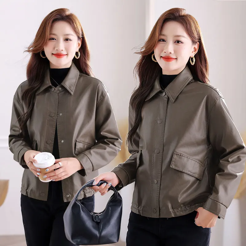 Nuova versione coreana moda invernale versatile giacca corta in pelle Pu per donna cappotto casual allentato colletto primaverile e autunnale femminile