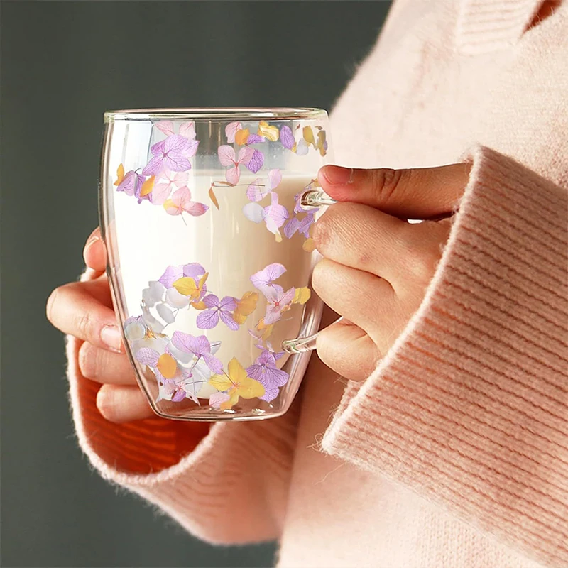 Dry Flower Double Layer Glass Cup, Creative Gift, Cute Milk Cup, Coffee Cup, Handle Mug, Heat-Resistant Cup