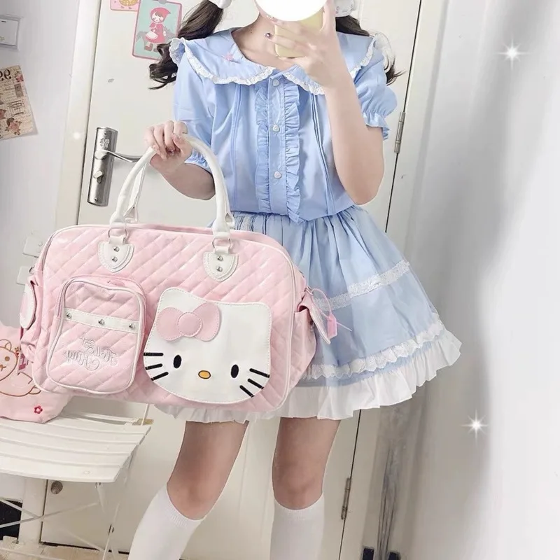 Sanrio Hello Kitty Y2k Czarne torebki ze skóry PU o dużej pojemności Torby podróżne na ramię dla kobiet z zamkiem błyskawicznym