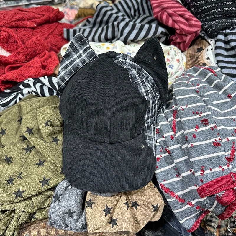 Koreanische karierte Cord-Baseballkappe mit Katzenohren, Herbst- und Wintermode, Y2K-Sonnenschutz, warme Sportmütze, Gorros für Damen – Detail 3