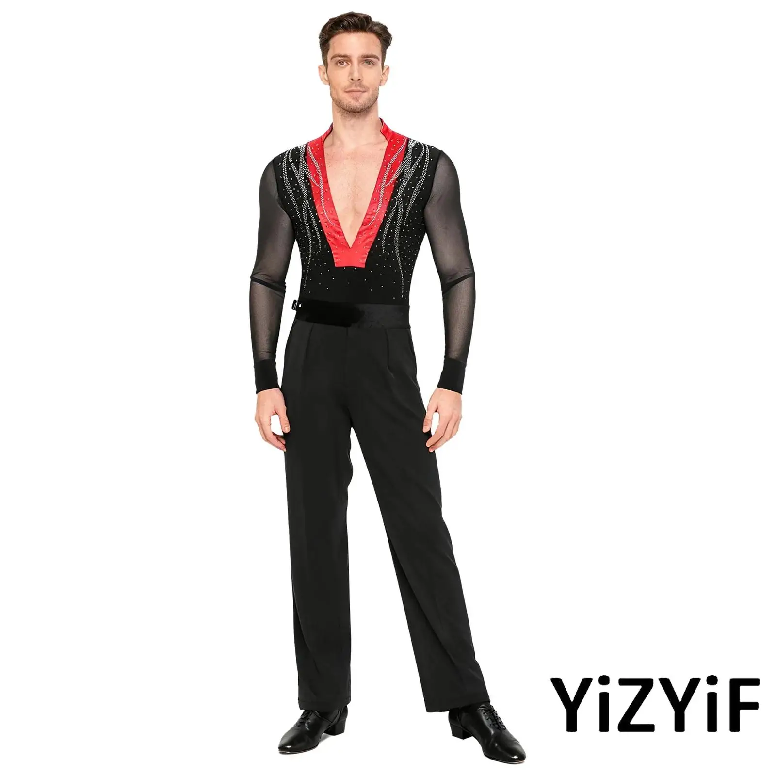

Mens Latin Tango Dance Costume Sheer Mesh Long Sleeve Color Block Rhinestone Bodysuit+Long Pants Rumba Salsa Ballet Dancewear