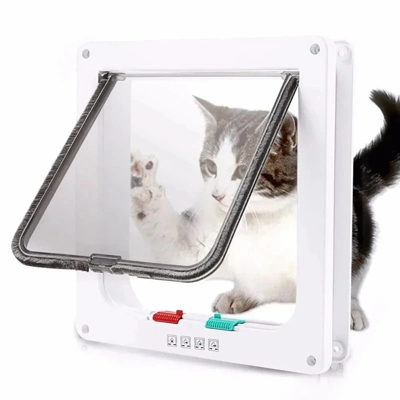 Dog Cat Flap Door with 4 Way Security Lock Flap Door Puppy Kitten Flap Doors ABS Plastic Pet Gate Door Kit Cats Dogs Doors