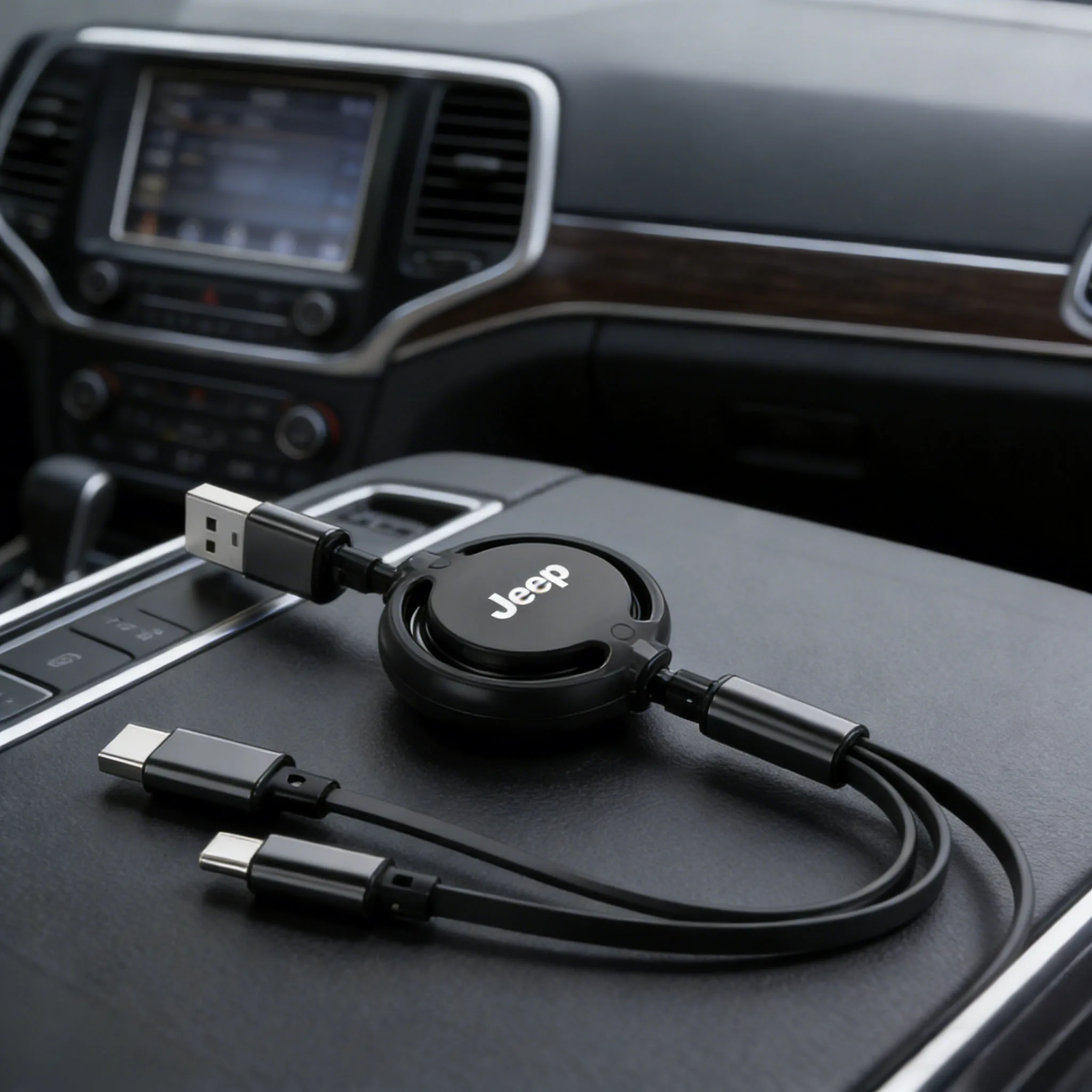 Cabo USB retrátil 3 em 1 para Jeep, cabo de dados de carregamento rápido para Jeep Grand Cherokee Wrangler JK Gladiator Compass Renegade Patriot