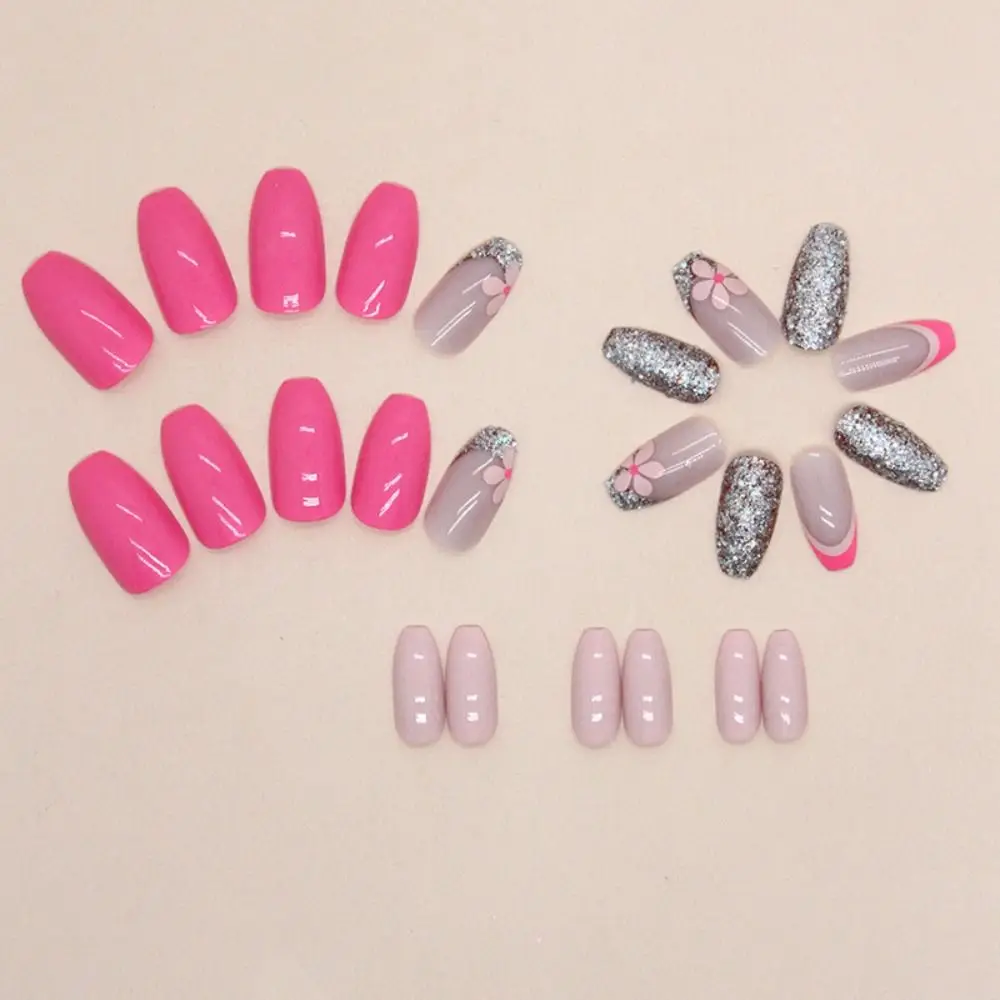 Short Ballerina False Nails New Blue White Wavy French Nail Tips Pink Flowers Lovely Stars Press on Nails Women Girls