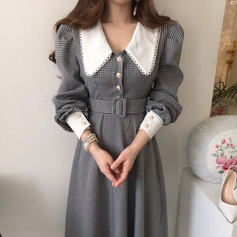 

French Style Lapel Plaid Long Sleeve Dress Elegant Women Slim Fit A-Line Long Dress Spring Female Chic Dress With Belt