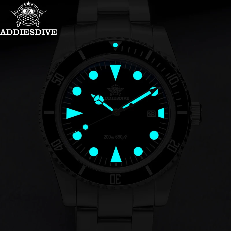 Reloj de buceo ADDIESDIVE para hombre, reloj de cuarzo con bisel cerámico de acero inoxidable, reloj luminoso BGW9 resistente al agua de 200m para hombre