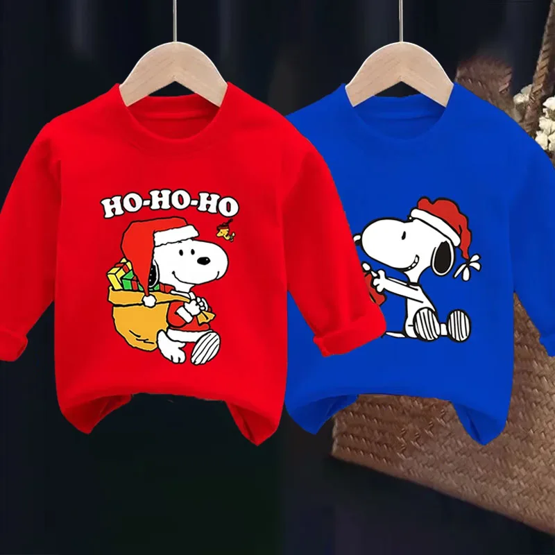 

Snoopys Christmas Long Sleeved T-shirt New Year Party Cartoon Anime Base Shirt Kid Kawaii Home Clothing Top Sweatshirt Xmas Gift