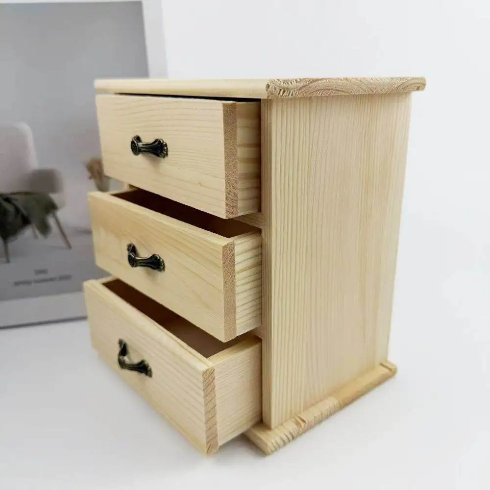 Natural Pine Wood Three Drawer Storage Organizer Desktop Case Jewelry Cosmetic Holder Stationery Cabinet Decor Gift Box