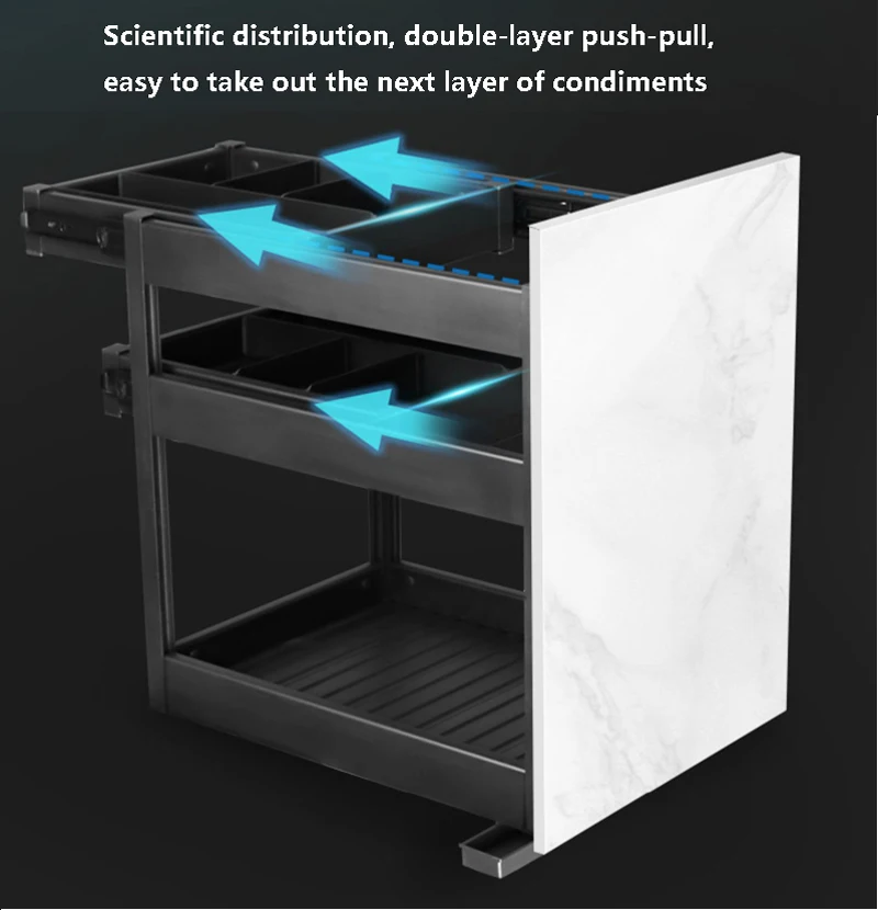 Alumínio Alloy Three-Layer Storage Rack, tipo gaveta armário de cozinha, tempero Pull Basket, UV Smart Lighting