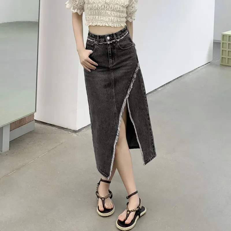 

Women's Retro Irregular Raw Edges Denim Skirt New Cultivation Slit High Waist A-Line Long Jeans Skirts For Women