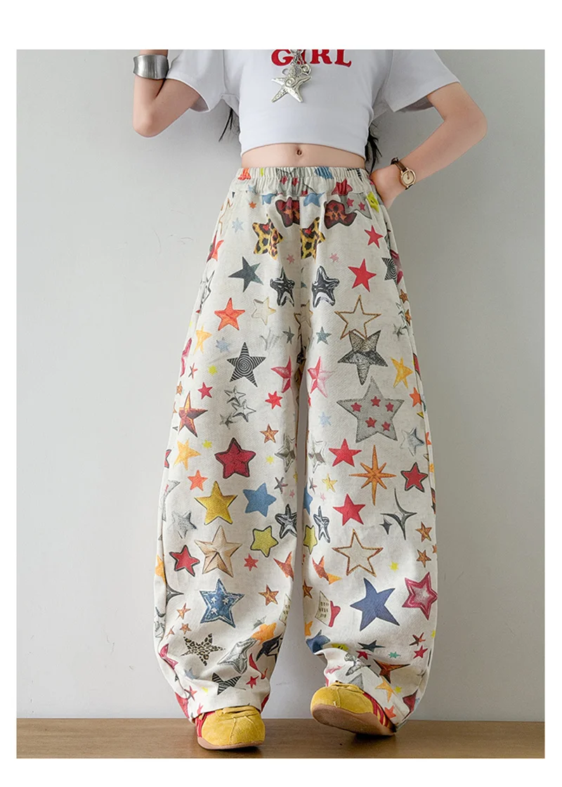Hosen für Mädchen mit modischem Sternmuster-Print, weit geschnittene Hosen, Sommer 2026, lässige, lockere Hosen, hochwertige Teenager-Jogginghosen – Detail 2