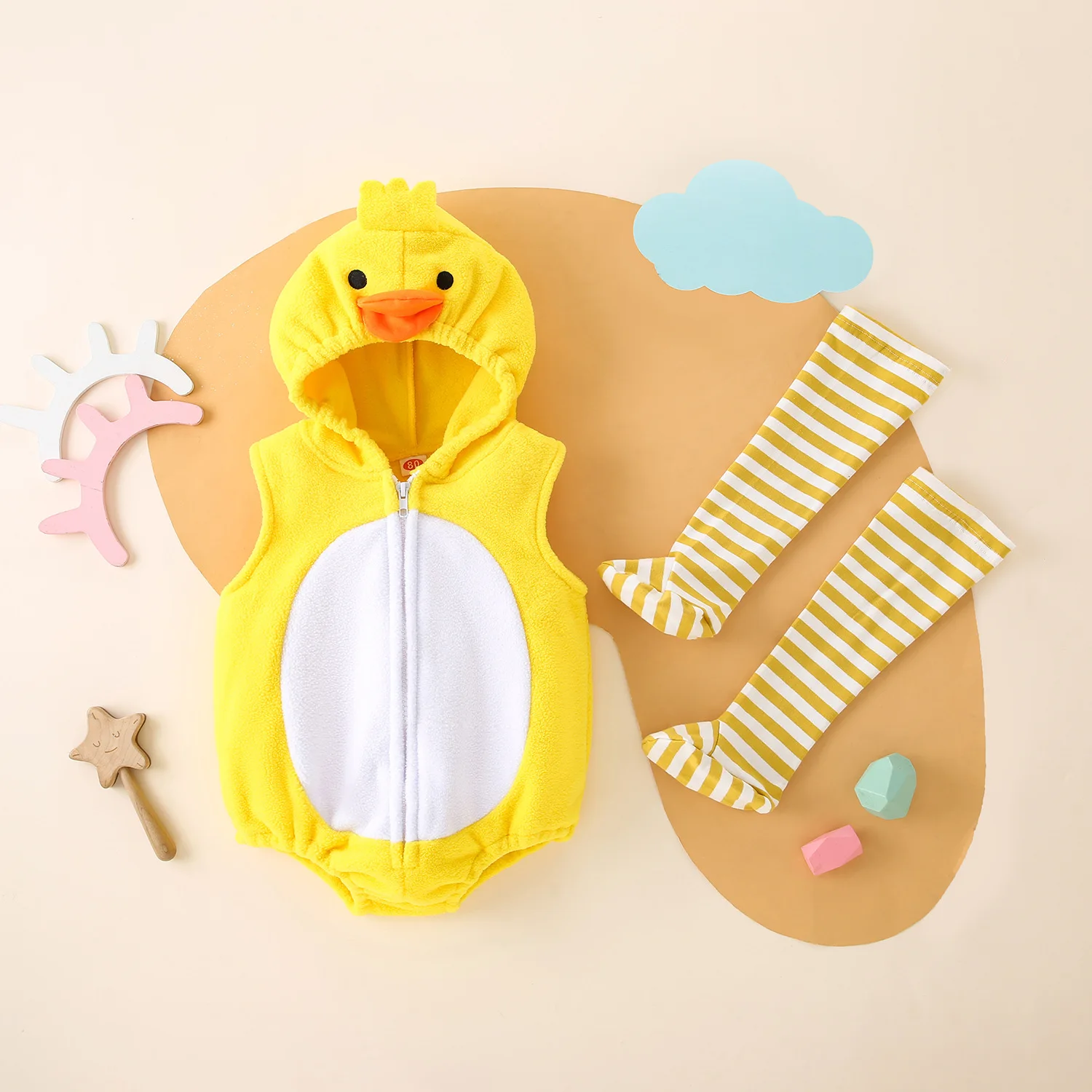 Baby Duck Hooded Romper with Long Socks Kids Children's Ins Bodysuit Infant Fleece Clothing Easter Holloween Costume Outwear