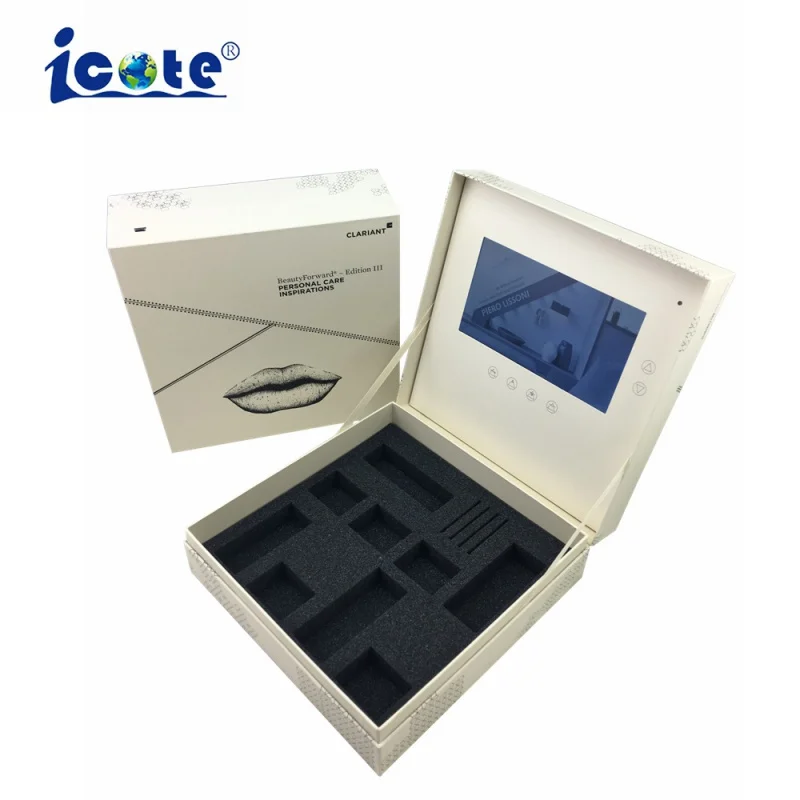 Customized French High-End Cosmetics Box Packaging 7inch LCD Screen Square Magnetic Flip Video Box with Printing