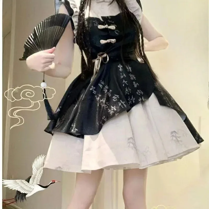 

Cy2025Новый китайский стиль, улучшенный Cheongsam в национальном стиле, ретро с элементами Ханьфу, Лолита, платье для девочек, с длинными рукавами, большой подол, S