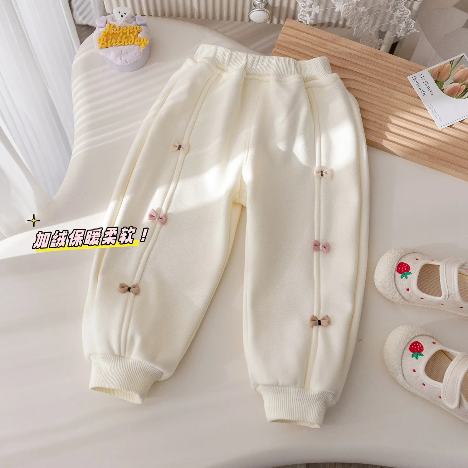 Korean Autumn Winter Baby Girls Pants Plush Casual Bow Thick Kids Girls Sweatpants Solid Warm Versatile Children Girls Pants