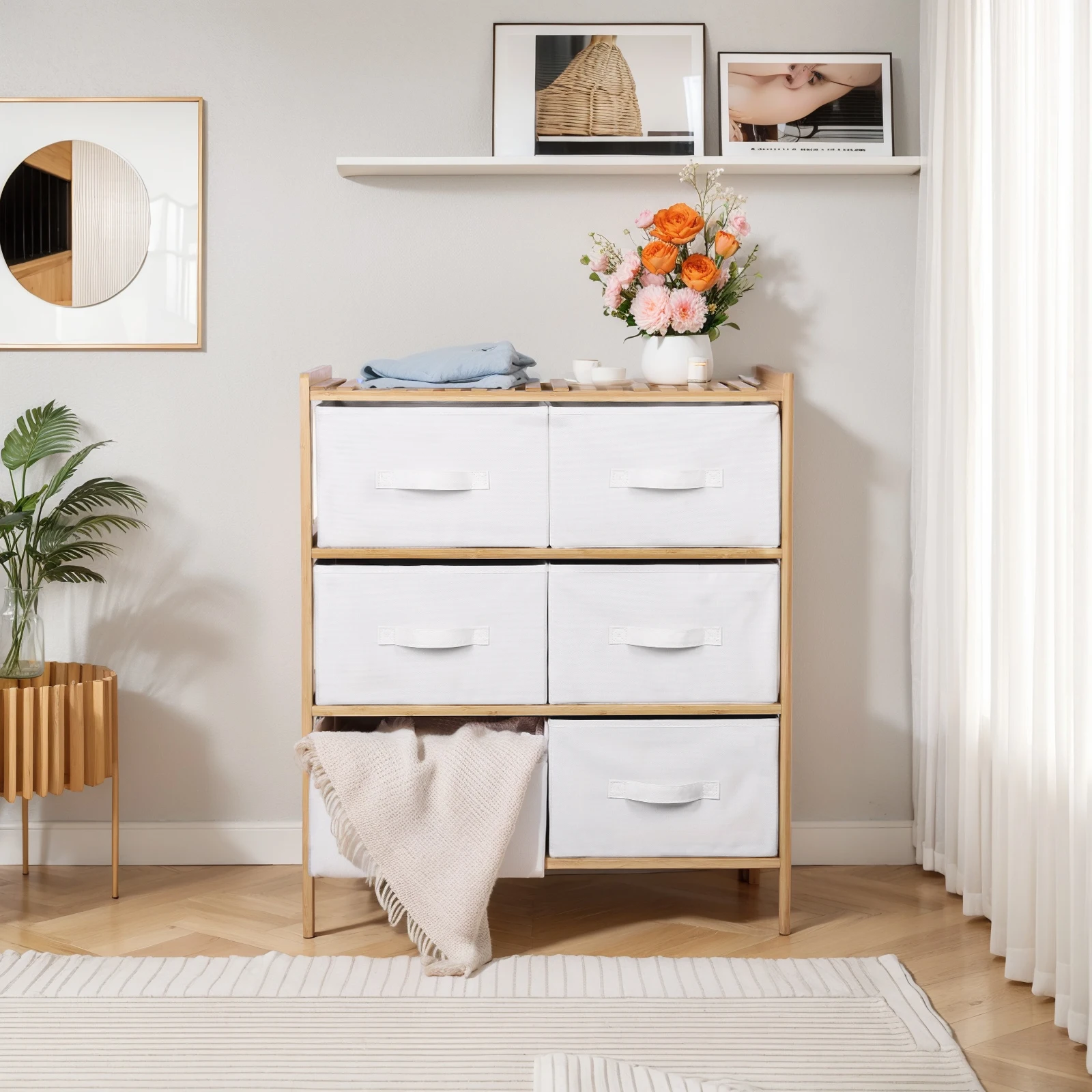 

Quilt Storage Shelf with 6 Baskets Wooden Shelf Furniture Multifunctional Sundries Organizer Shelf for Living Room Bedroom