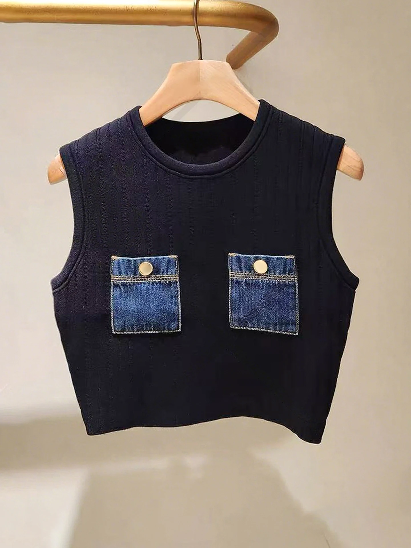 Haut de gamme femmes Denim Patchwork tricot gilet haut S maison huile du sud automne Faion trajet Sle rond Ne ort h-ape Bal