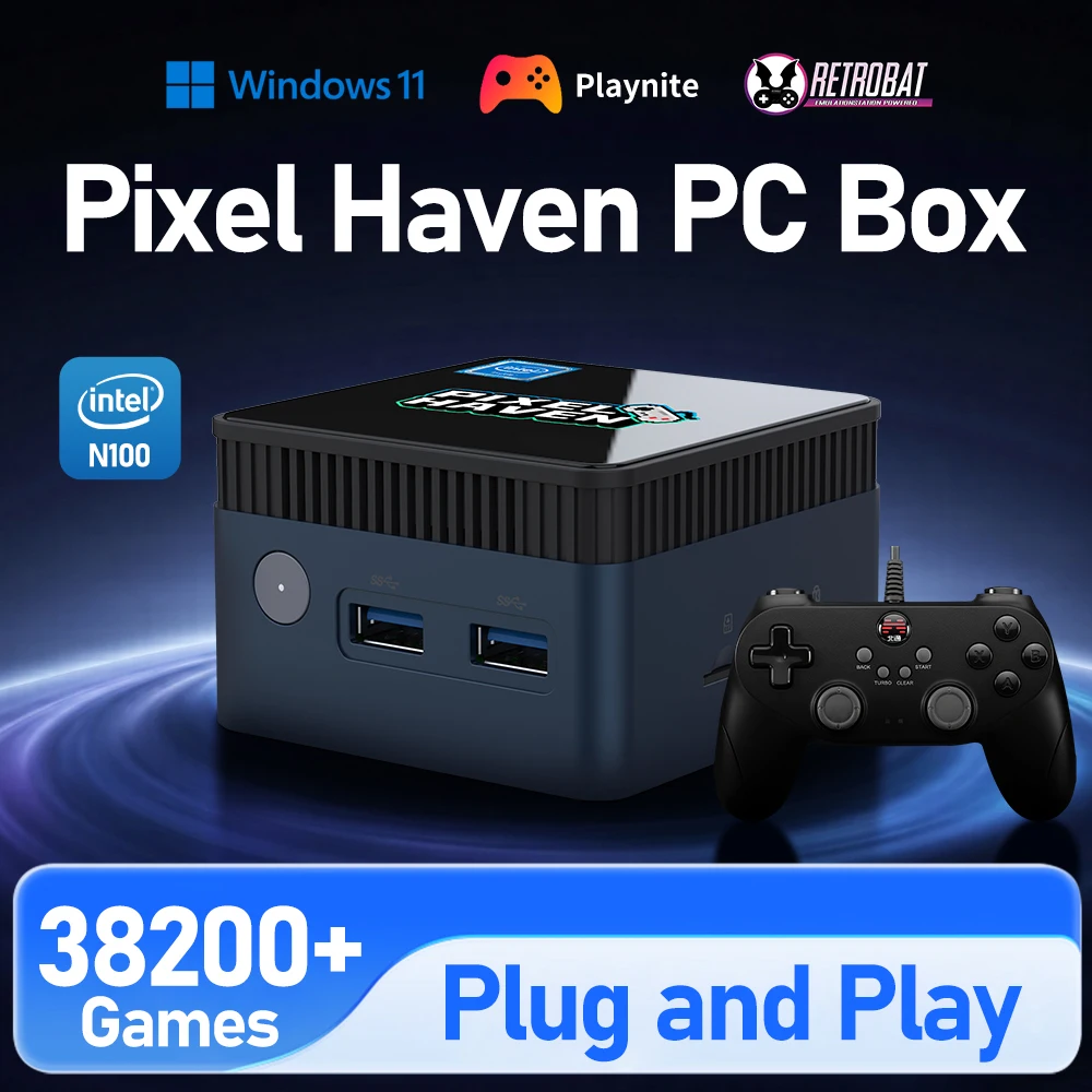 

JMachen Pixel Haven Mini PC Box Intel N100 with 38200+Games for PS3/2/1/PSP/MAME/Wii Plug and Play Windows 11&Retrobat&Playnite
