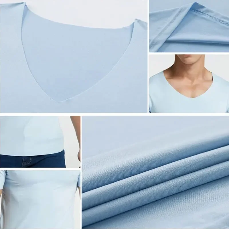 Men's Ice Silk Thin Cool Feeling V-Neck Large Size Men T-Shirt Short Sleeve Loose T-Shirt Solid Color for Male Tops Tees