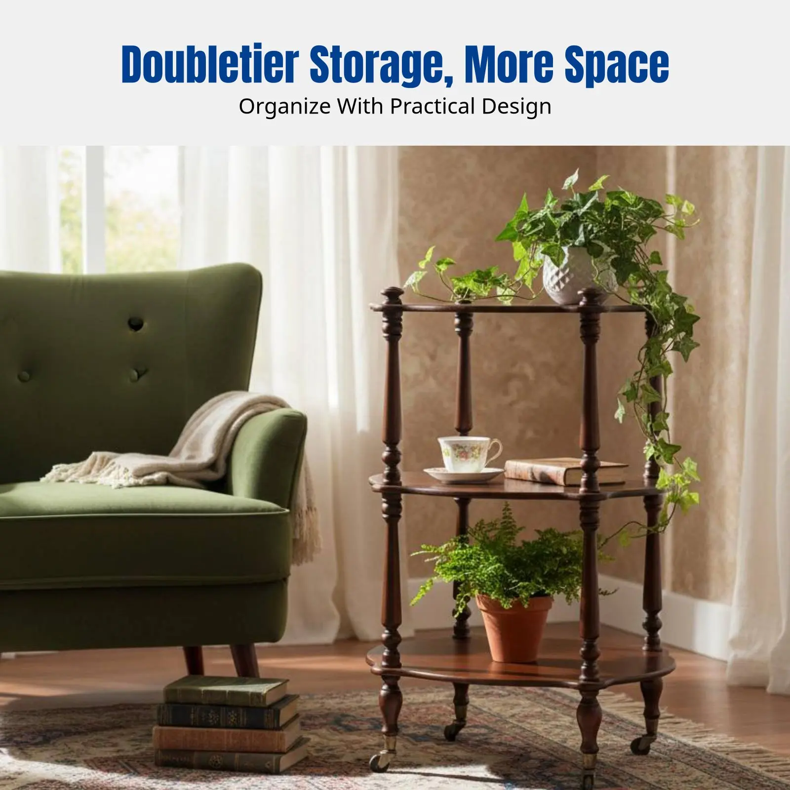 Hardwood Side Table, French Vintage End Table, Mobile Storage Rack, Minimalist Home Design view 2