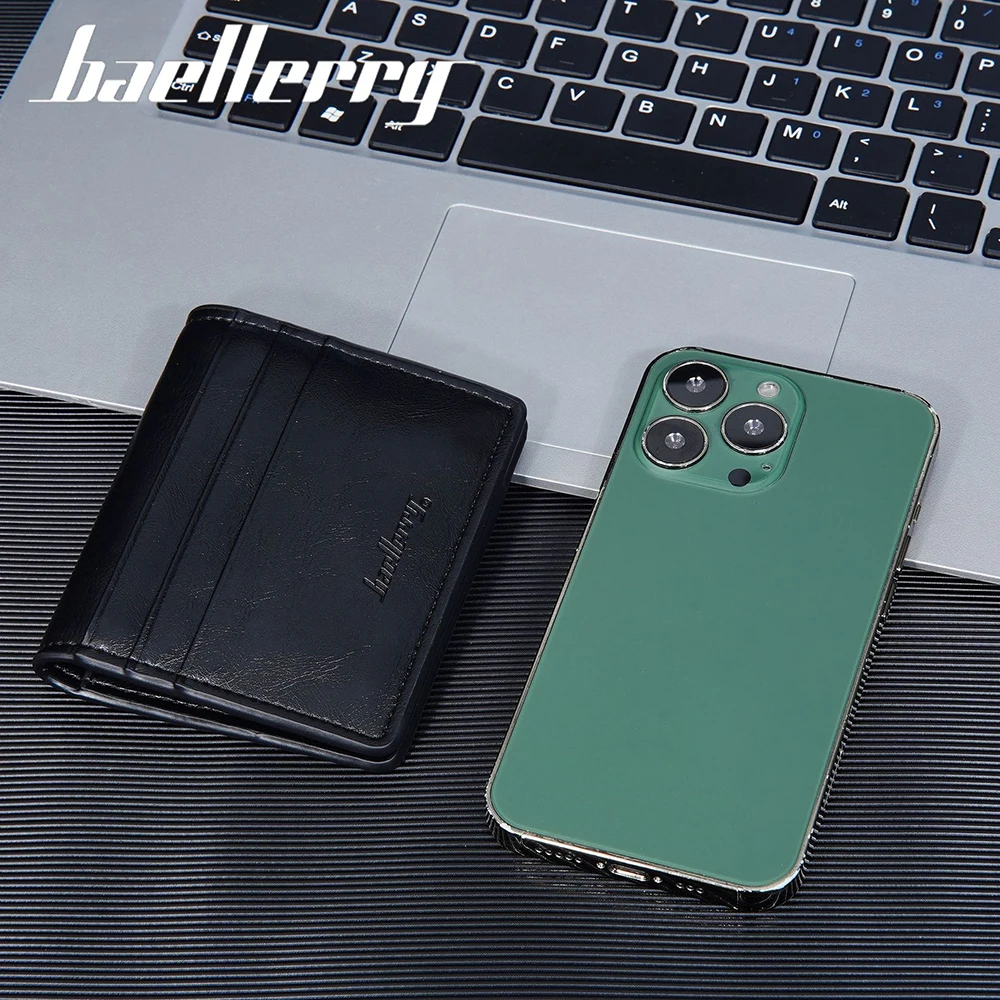 محفظة Baellerry Vintage Snap للرجال، حامل بطاقات ثنائي الطي من جلد البولي يوريثان رفيع للغاية - تصميم مشبك نقود بجيب أمامي نحيف