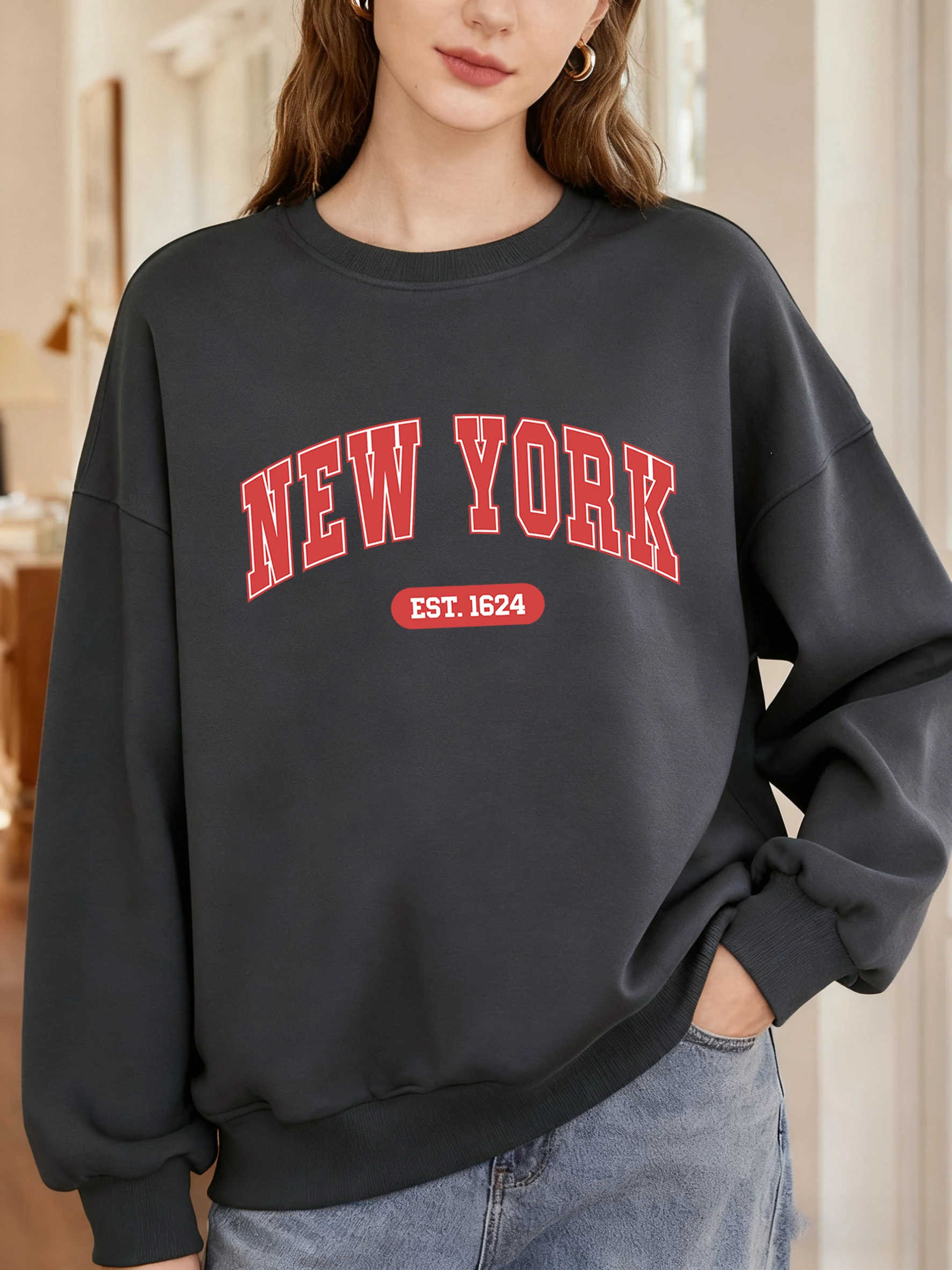 Sudadera con estampado creativo de letras de Nueva York Est 1624 para mujer, Jersey informal Y2K con cuello redondo, ropa de calle de otoño, ropa para correr de gran tamaño