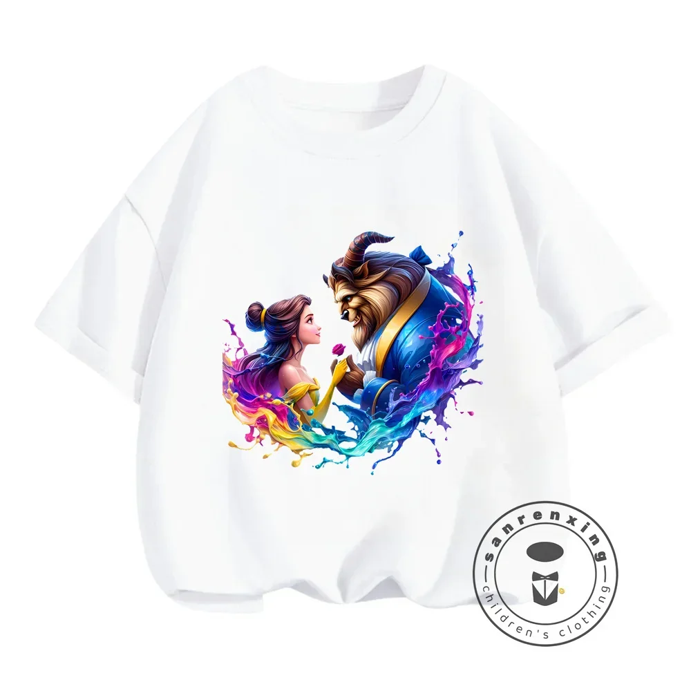 Disney's Beauty and the Beast Summer T-Shirt 2024 Fashion O-Neck Designs for Boys Girls Soft Comfy Perfect Anime Cartoon Gifts