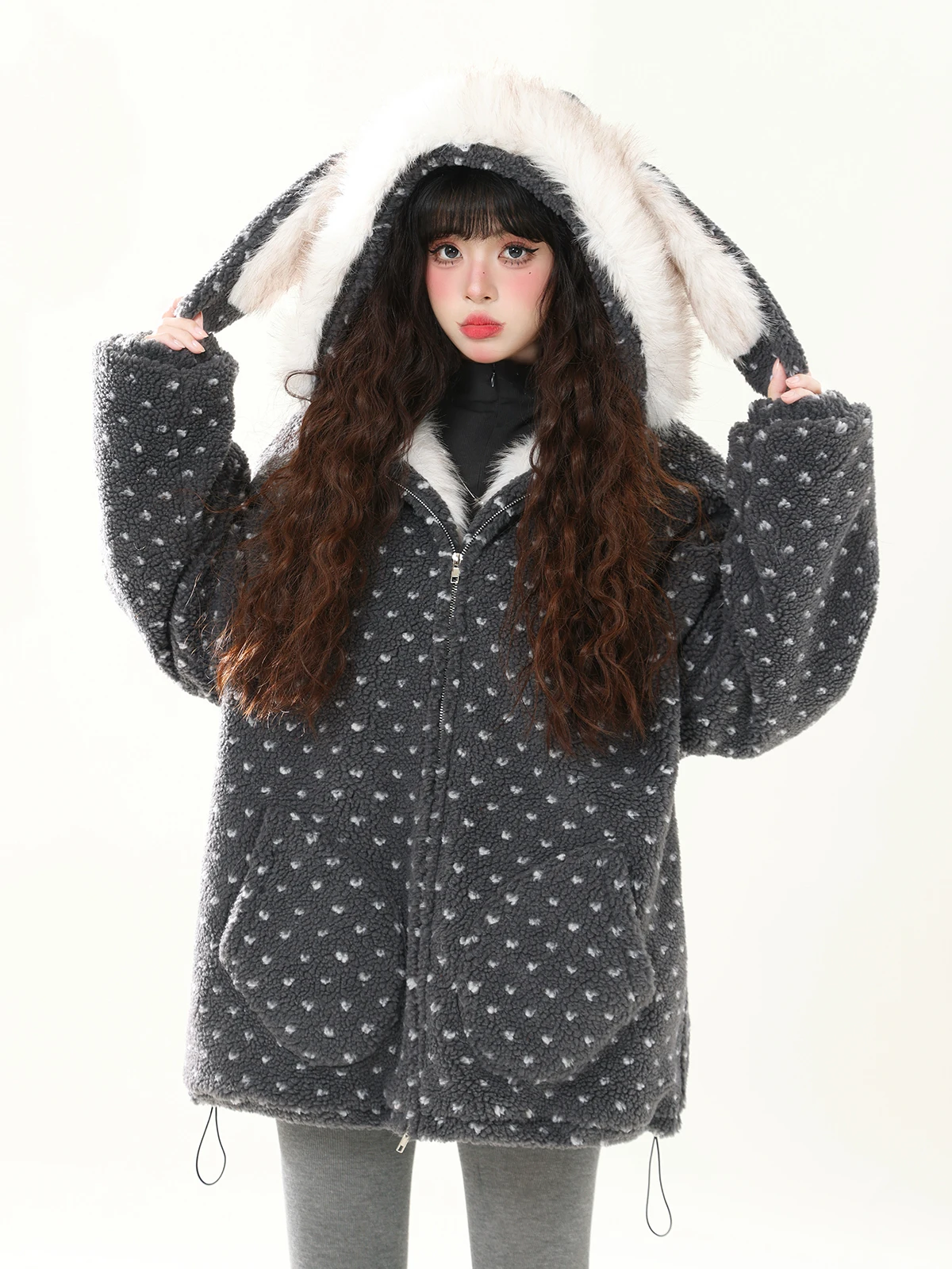 

ENJOG Retro Rabbit Ear Hooded Lamb Fur Jaet Women's Thiened Cotton Coat Winter Warm Loose Cool Cotton Clothing