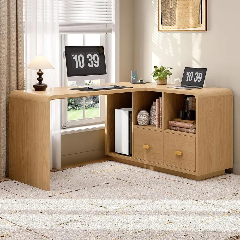 Natural Oak 58-inch L-Shaped Desk with Power and USB Ports, Home Office Computer Desk with Drawer and Storage
