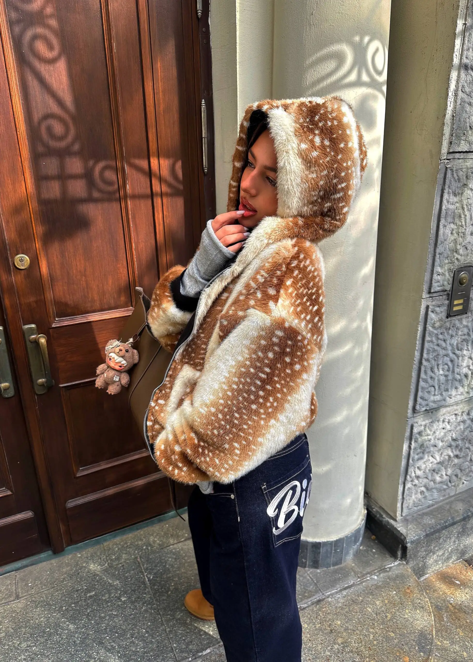 Y2K Retro Deer Spotted Faux Fur Double Sided Zip Up Hoodie Letter Embroidery Gothic Harajuku Unisex Winter Warm Streetwear Coat