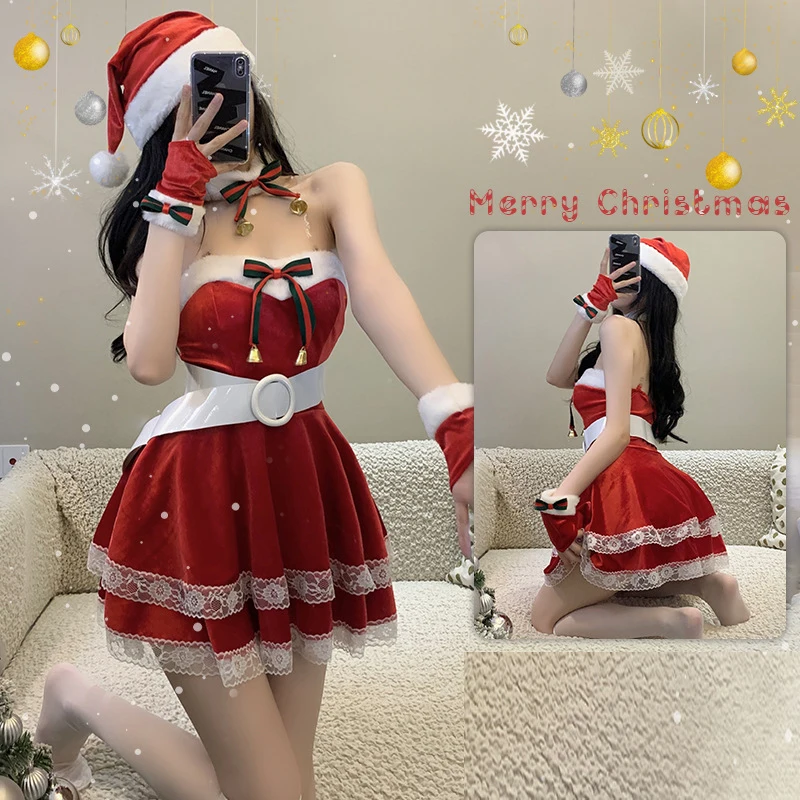 AniLV Christmas Santa Claus Snowflake Halter Backless Dress Uniform Warm Plush Outfits Costumes Cosplay